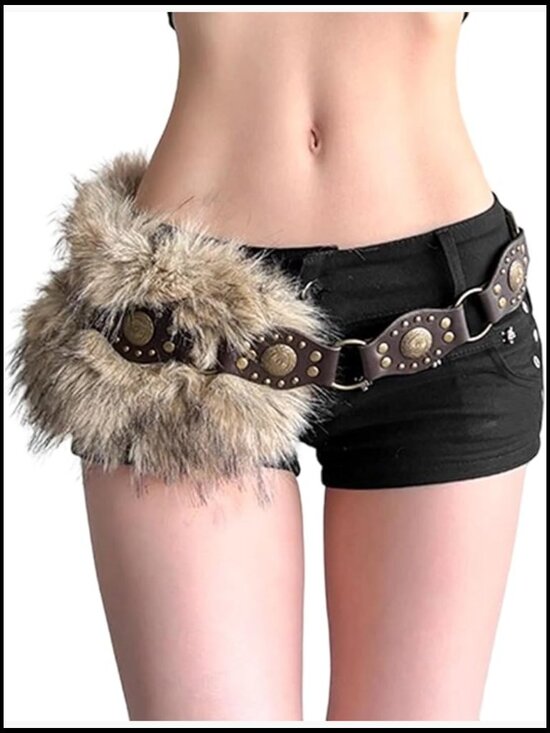 Y2K Faux Fur Studded Punk Belt Gothic Rivet Waist Belt for Dresses Pants
